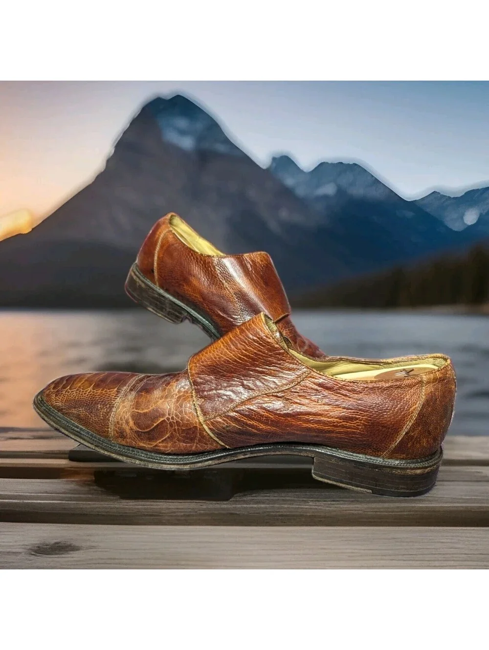 BELVEDERE Exotic Genuine Ostrich Leg Monkstrap Dress Shoes Mens 10.5 Camel Brown